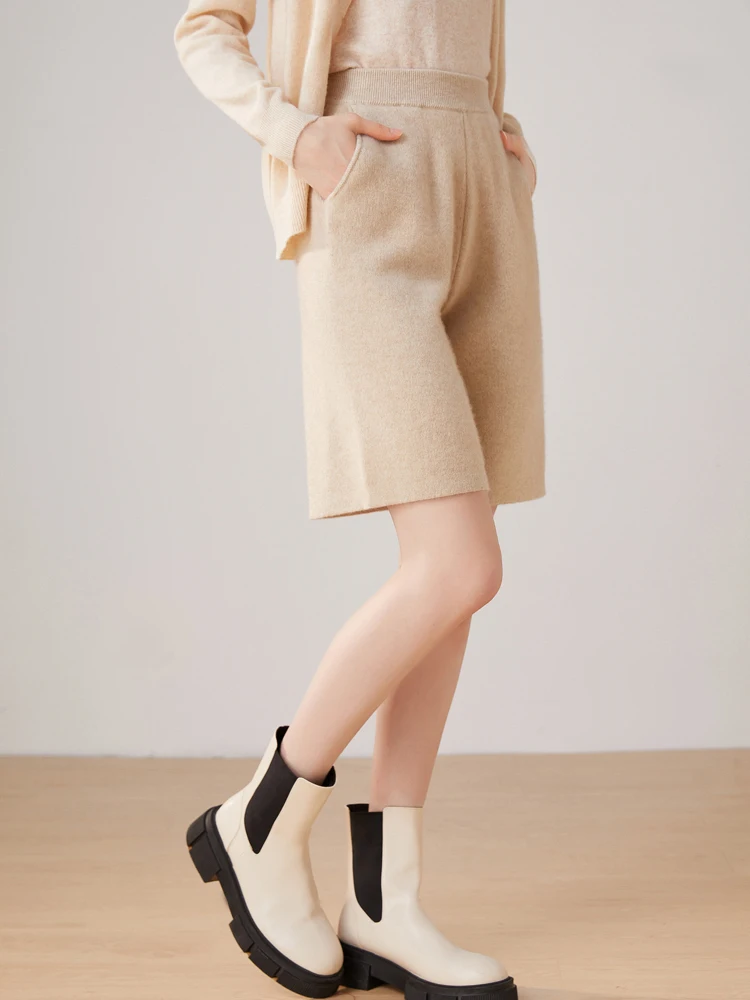 النساء الكشمير الخالص السراويل مرونة الخصر عادية مستقيم السراويل الخريف الشتاء 100% الكشمير محبوك صالح جيب الصلبة سراويل قصيرة