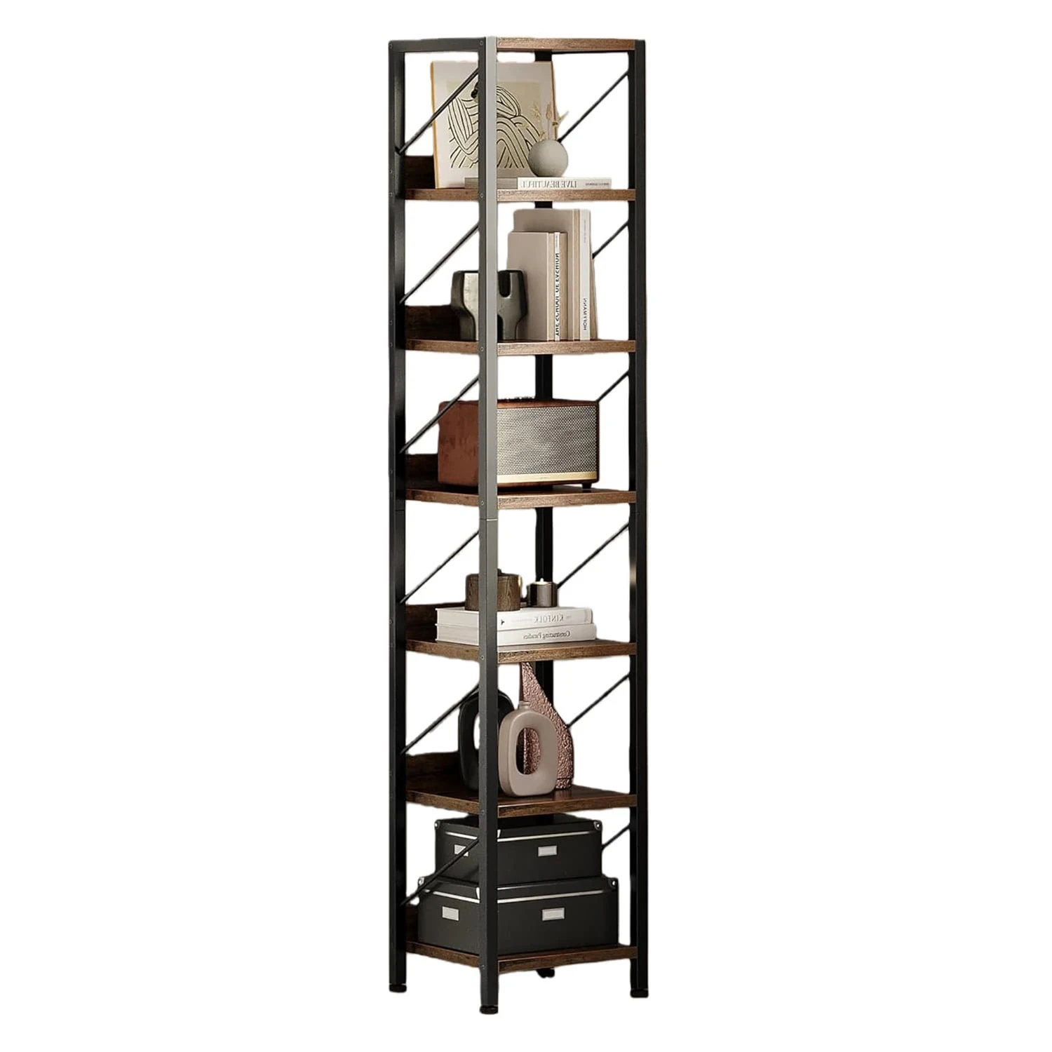 6 Tier Narrow Bookcase Tall Skinny Bookshelf Rustic Corner Shelf Small Bookshelves for Bedroom Living Room Home Office