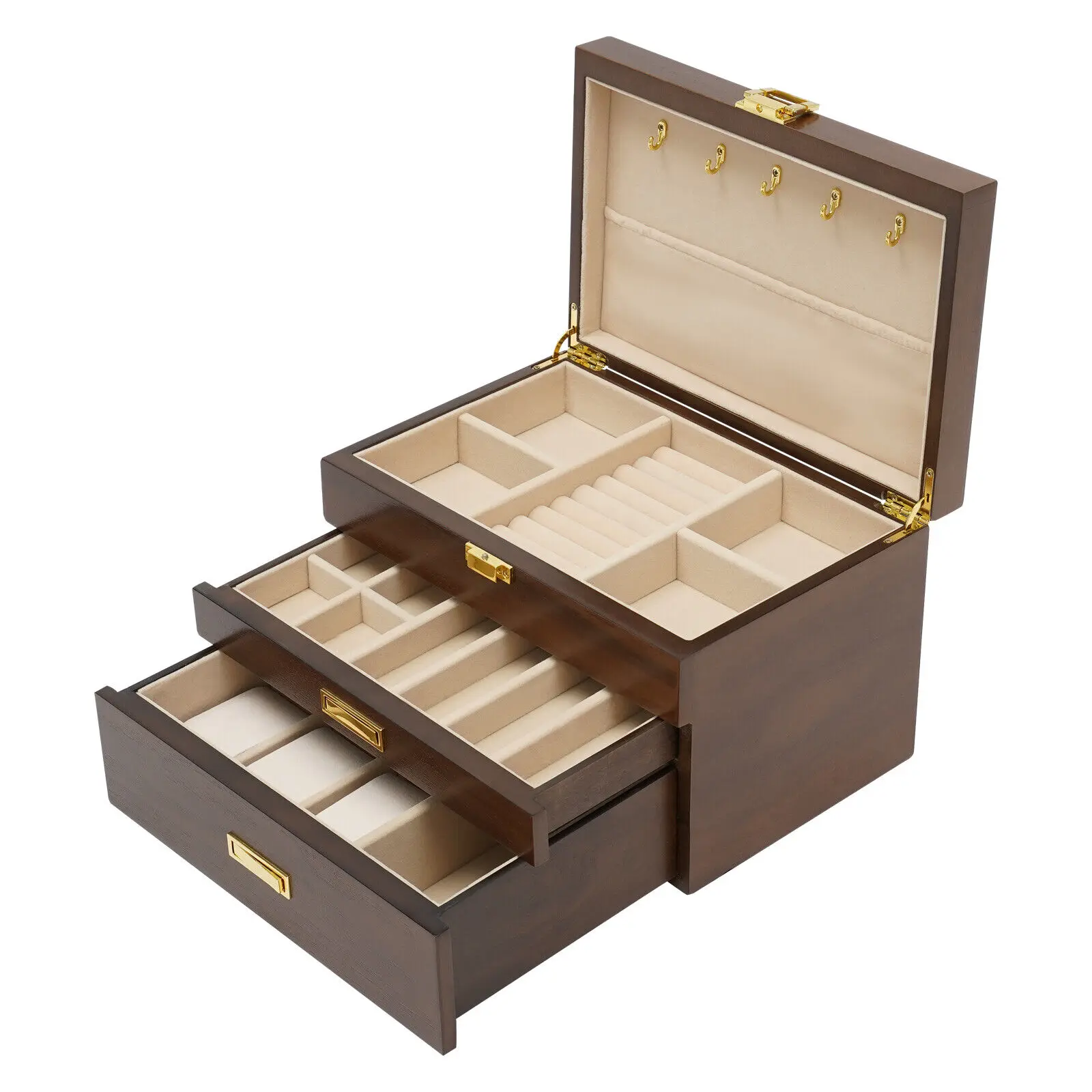

Jewelry Storage Box with 3 Layers and 2 Drawers - Wooden Organizer Cabinet