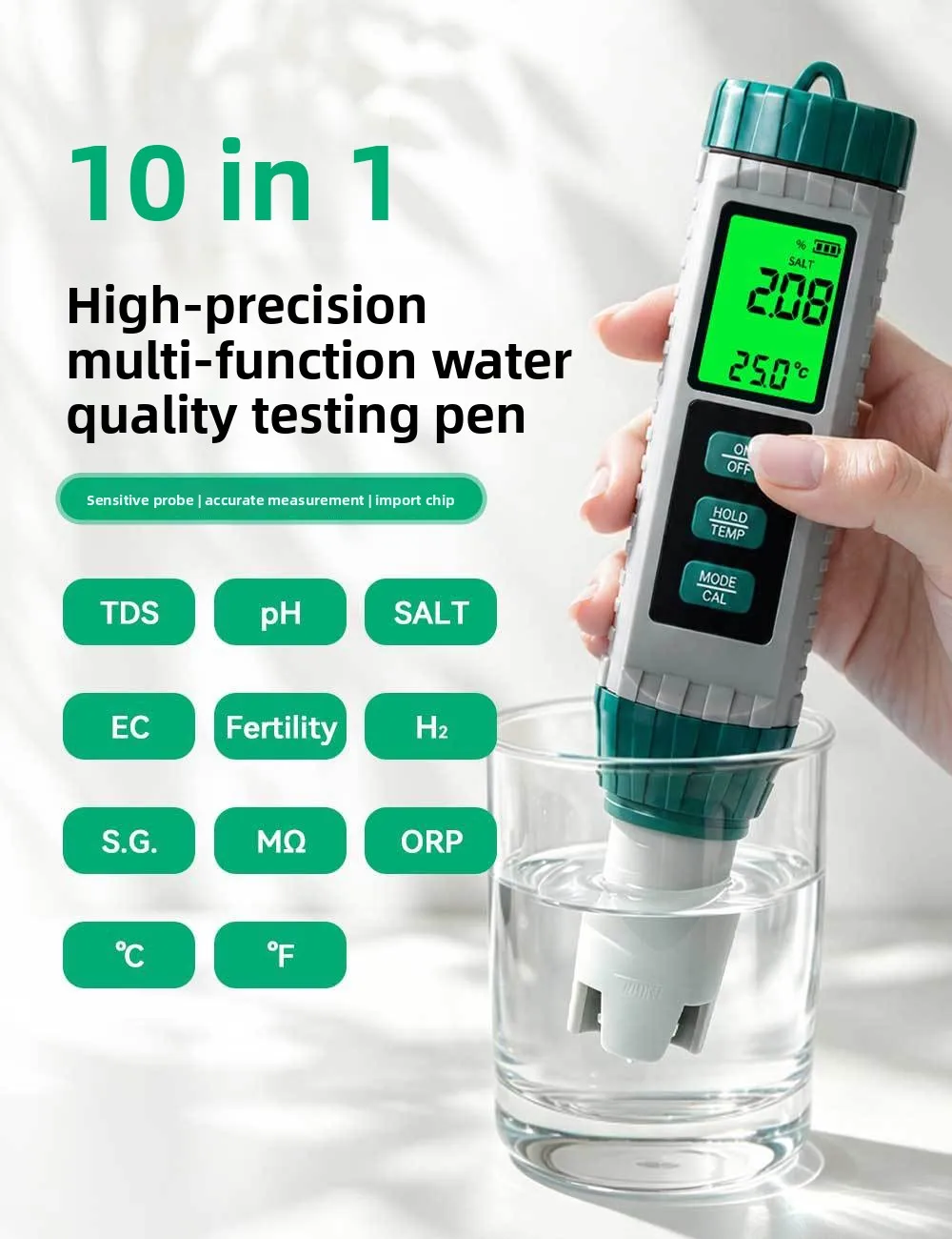 Water quality test 10 in 1 multi-parameter ph meter tds pen ec salinity orp high-precision digital display large-screen test pen