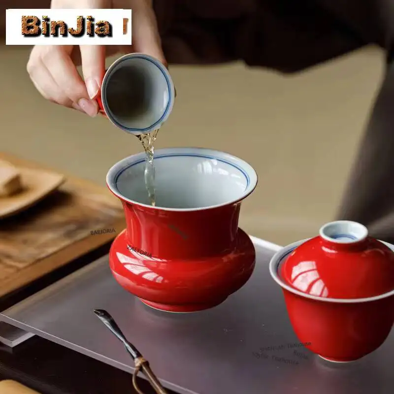 360ml Red Glaze Double-lines Jianshui Washing Cup Bowl Tea Dust Cylinder Barrel Chaxi Tea Services Equipment Ornaments Craft