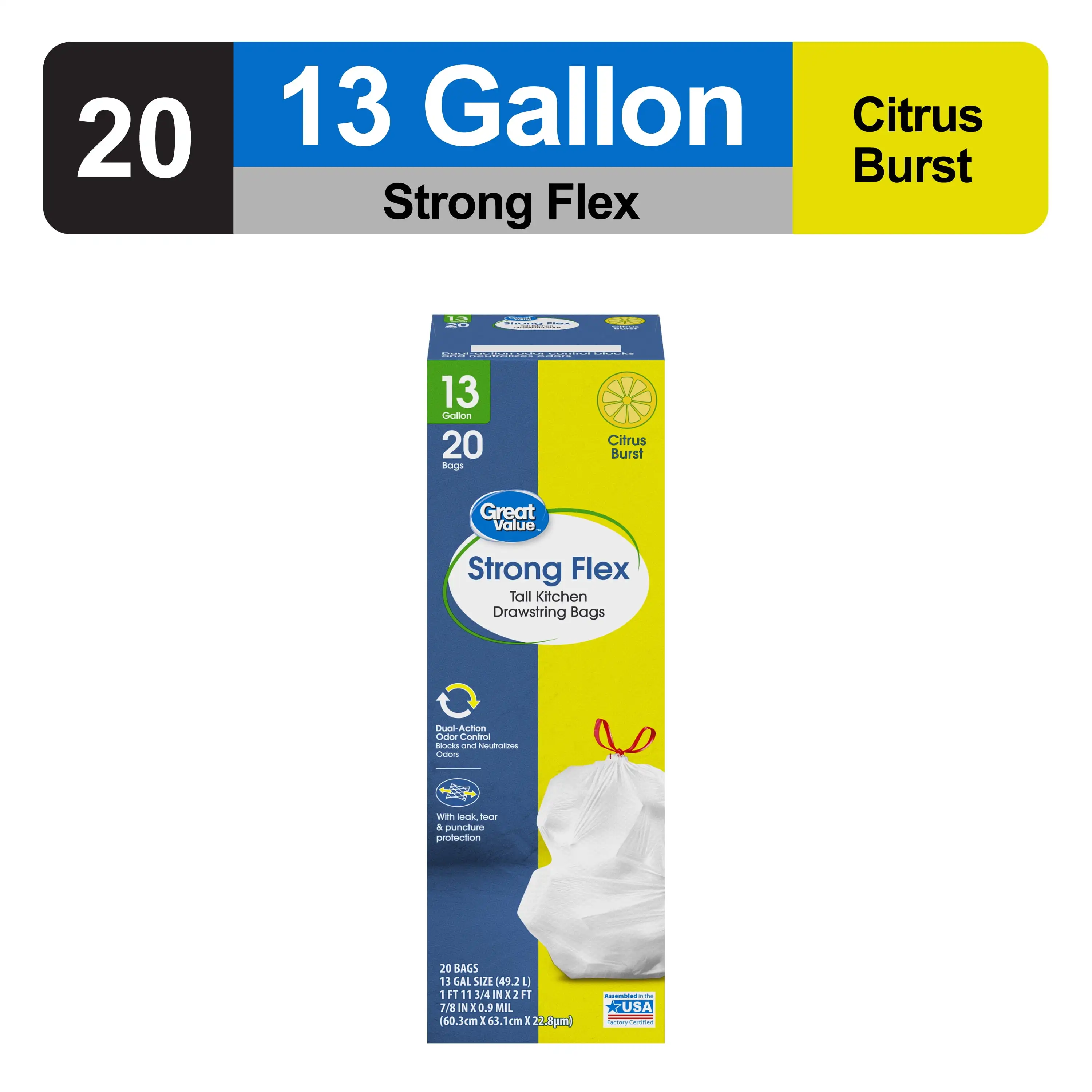 Great Value Strong Flex 13-Gallon Drawstring Tall Kitchen Trash Bags, Citrus Burst, 20 Count