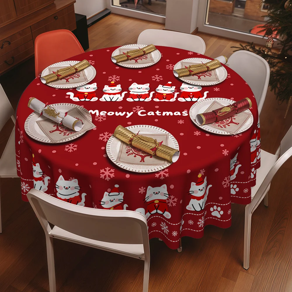 1Pc cat, snowflake, paw print printed round table cloth for family kitchen and dining room