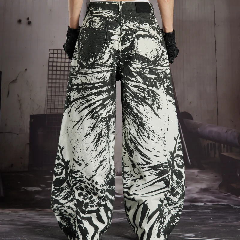 MWJLPWQ Mixed Animal Print Wide Leg Denim Jean Zebra Leopard Full Pattern High Waist Men Punk Street Loose Casual Bottom 16936
