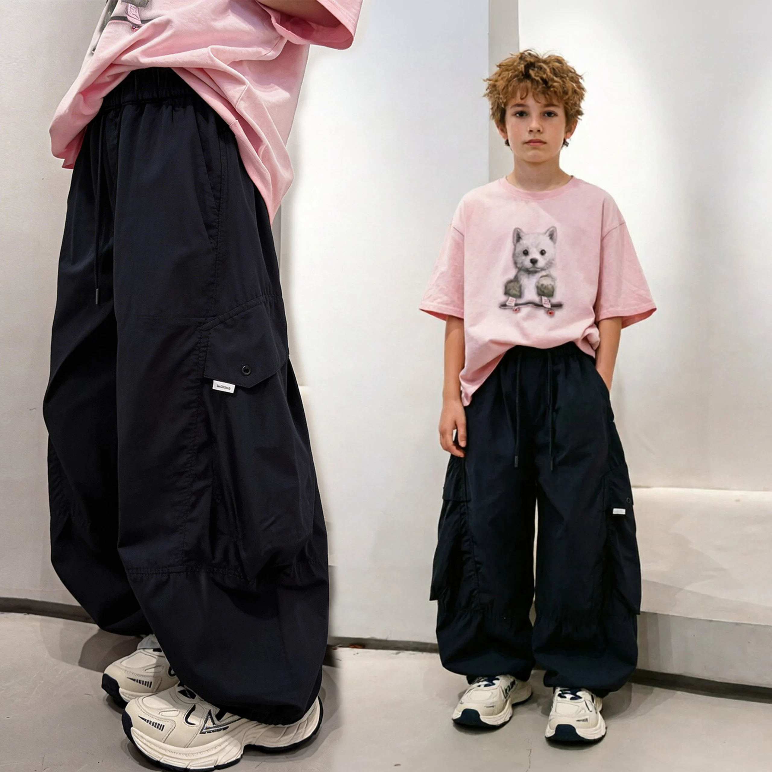 Boys' summer workwear style multi-pocket wide-leg pants, medium and large children's loose drawstring straight trousers, slim an