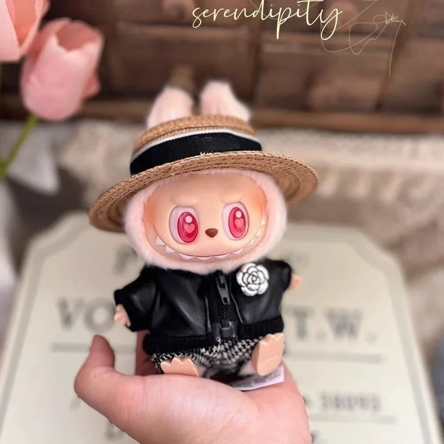 Labubu – vêtements de poupée camélia, veste noire, manteau, pantalon à grille, ensemble de 17cm, vêtements de poupée en peluche, vêtements de poupée idole Labubu I II ﻿