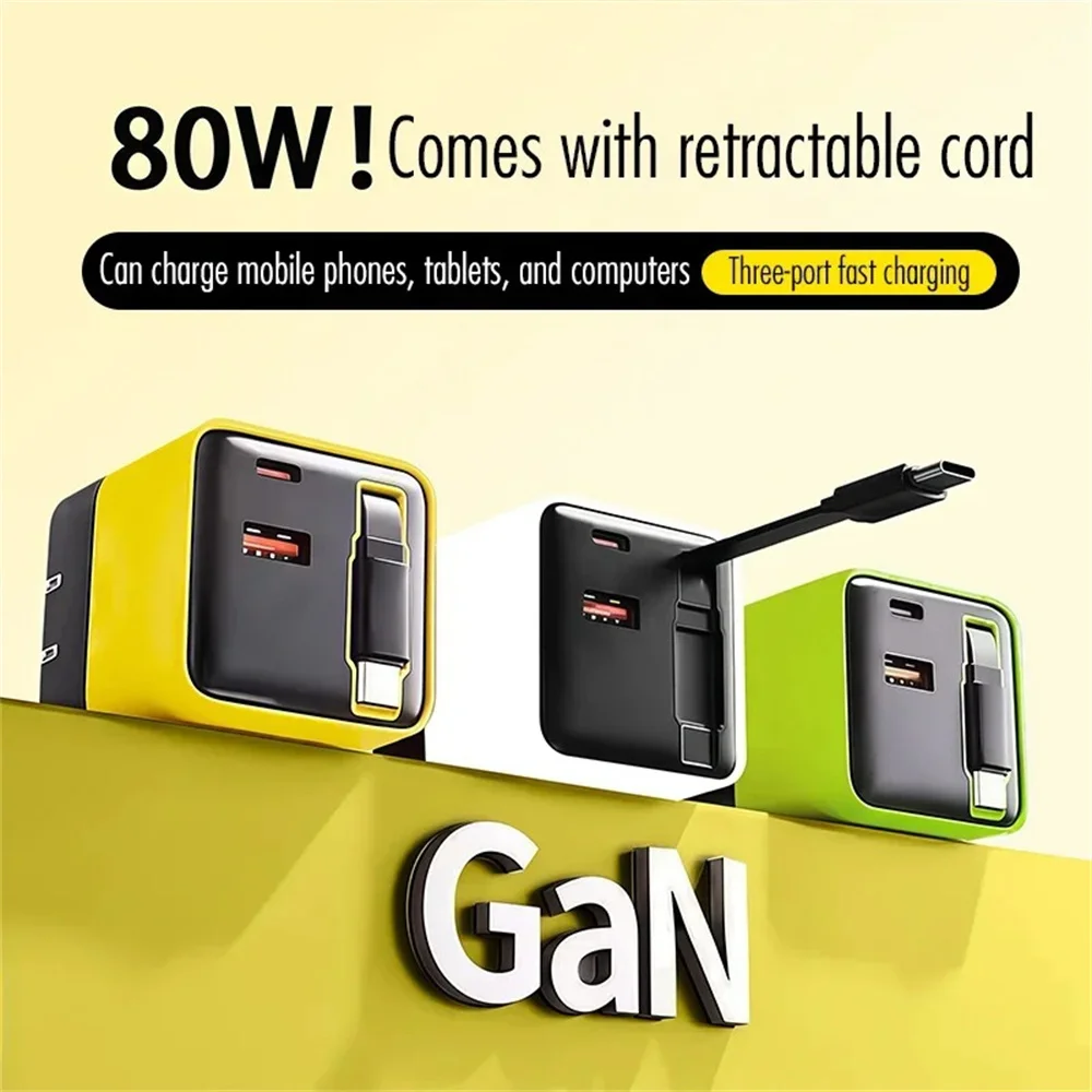 80W GaN USB C Charger Retractable Cable Phone Fast Charger Adapter For iPhone Samsung Xiaomi Huawei EU/US/UK Plug Quick Charger