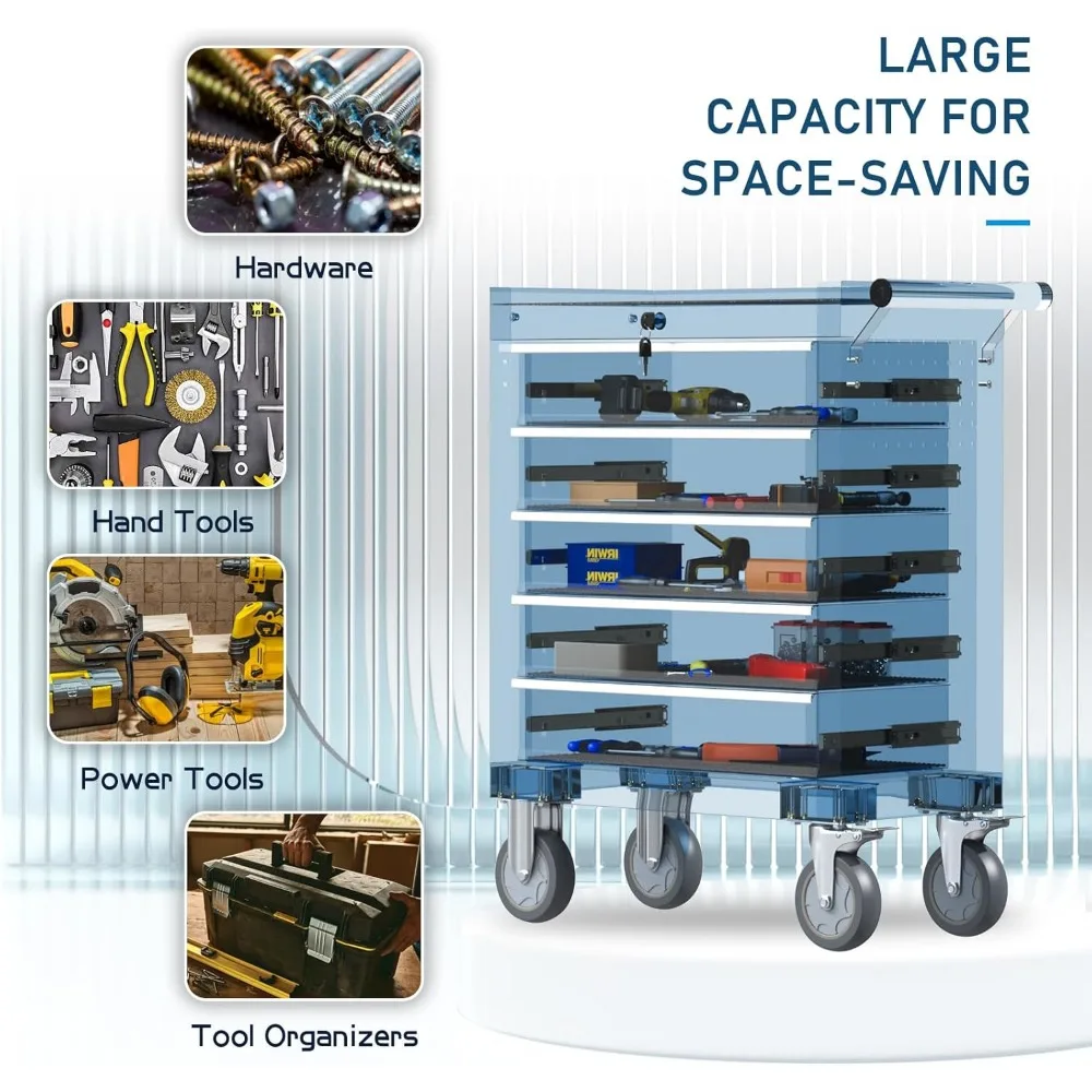 5段引き出し付きヘビーデューティーローリングツールチェスト、大容量収納、作業場用メカニックロック式メタルツールキャビネット