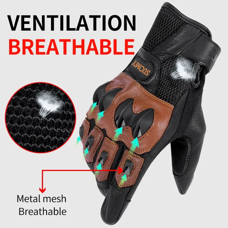 suomy通気性レザーオートバイグローブ-メンズ-ブラック-ブラウン-レーシング-バイク-ロード-サマー-パーフォレイテッド-フルフィンガー-ライディンググローブ