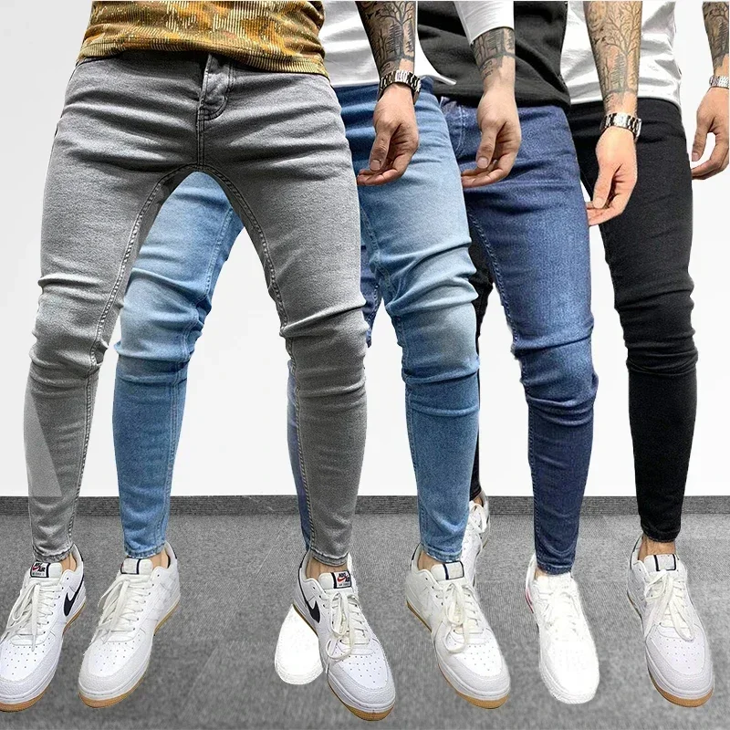 

Grey Pure Color Jeans Men Elastic Waist Skinny Jeans Men 2021 Stretch No Ripped Pants Streetwear Black Mens Denim Trousers
