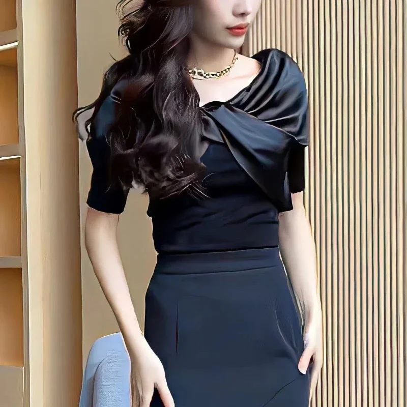 

French Bow Summer Women's Pullover V-neck Patchwork Folds Fashion Slim Solid Color Minimalist Casual Short Sleeved Tops W450