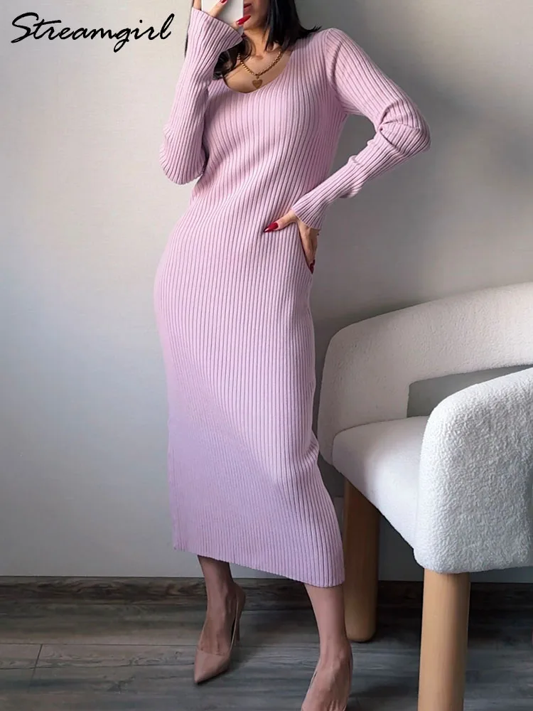 V Neck Knitted Dresses Women Autumn Winter Long Sleeve Slit Sweater Dress Long Straight Outwear Light Blue Women\'s Dresses Lady