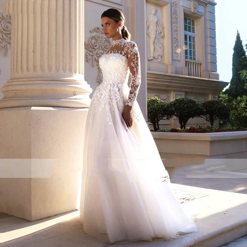 Flavinke Customized Classic High Neck Long Sleeve A-Line Wedding Dresses  Gorgeous Appliques Sweep Train Vintage Bridal Gown