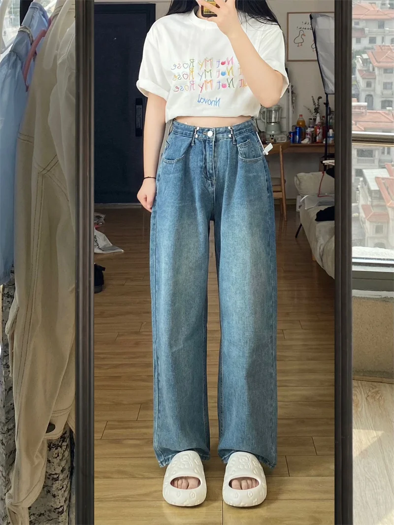 جينز نسائي عالي الخصر قابل للتعديل بأرجل واسعة أنيق بتصميم عتيق عالي الشارع Sle لصيف 2025 سروال دينم متعدد الاستخدامات للتخسيس