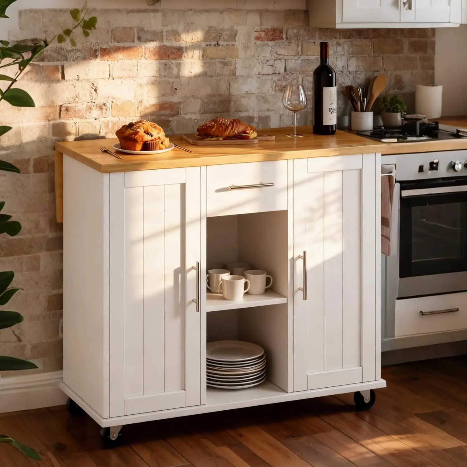 Rolling Kitchen Island Cart, Island Table for Kitchen, Farmhouse Kitchen Cart with Drop Leaf & Towel Rack & Drawer, Kitchen I