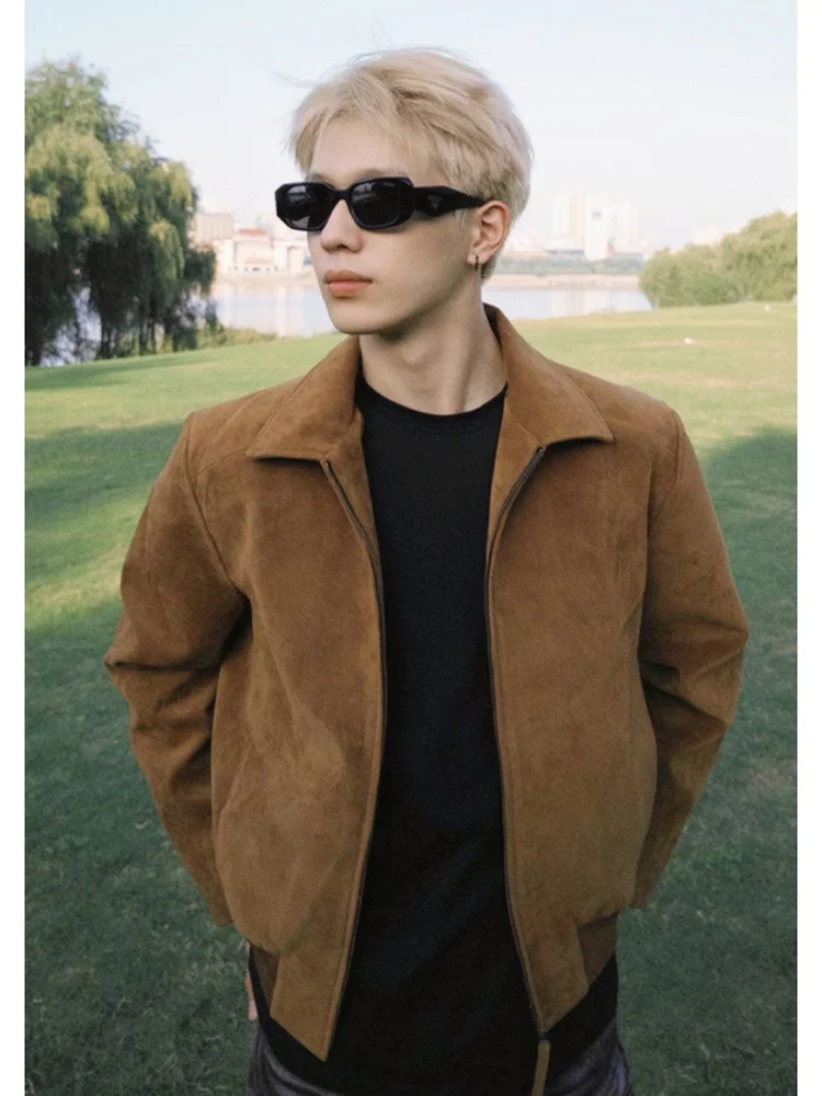 

Ретро-куртка в американском стиле из коричневого монгольского флиса, повседневная универсальная верхняя одежда для пар, из полиэфирного волокна, с длинными рукавами, на молнии.