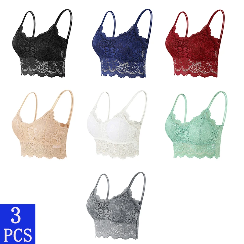 Sujetadores de encaje para mujer, Bralette cómodo, ropa interior Sexy de Color sólido, chaleco, lencería inalámbrica calada, sujetador sin costuras, 3 uds.