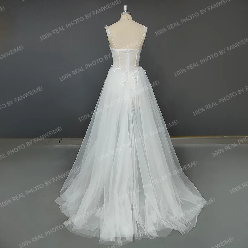 13874 #   Vestido de novia sencillo y personalizado, corte en A, tirantes modernos, apliques de ilusión, vestido de novia con cremallera y espalda descubierta de encaje