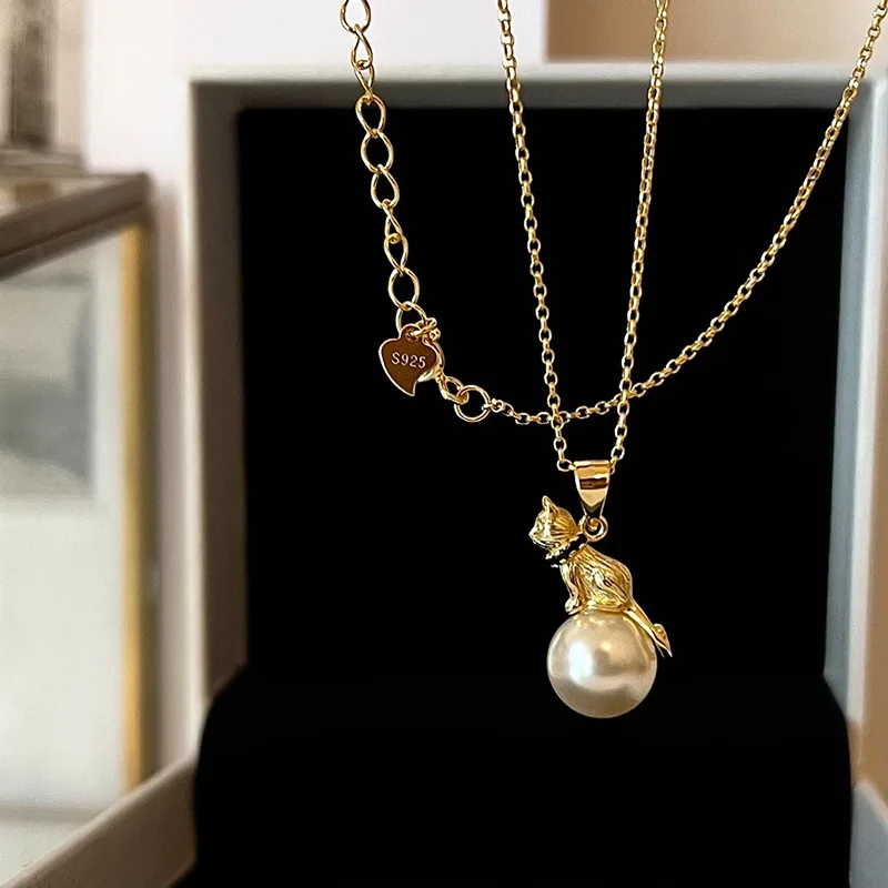 925 Sterling Silver Cat Pearl Necklace For Women Animal Retro Court Design Jewelry Birthday Gifts