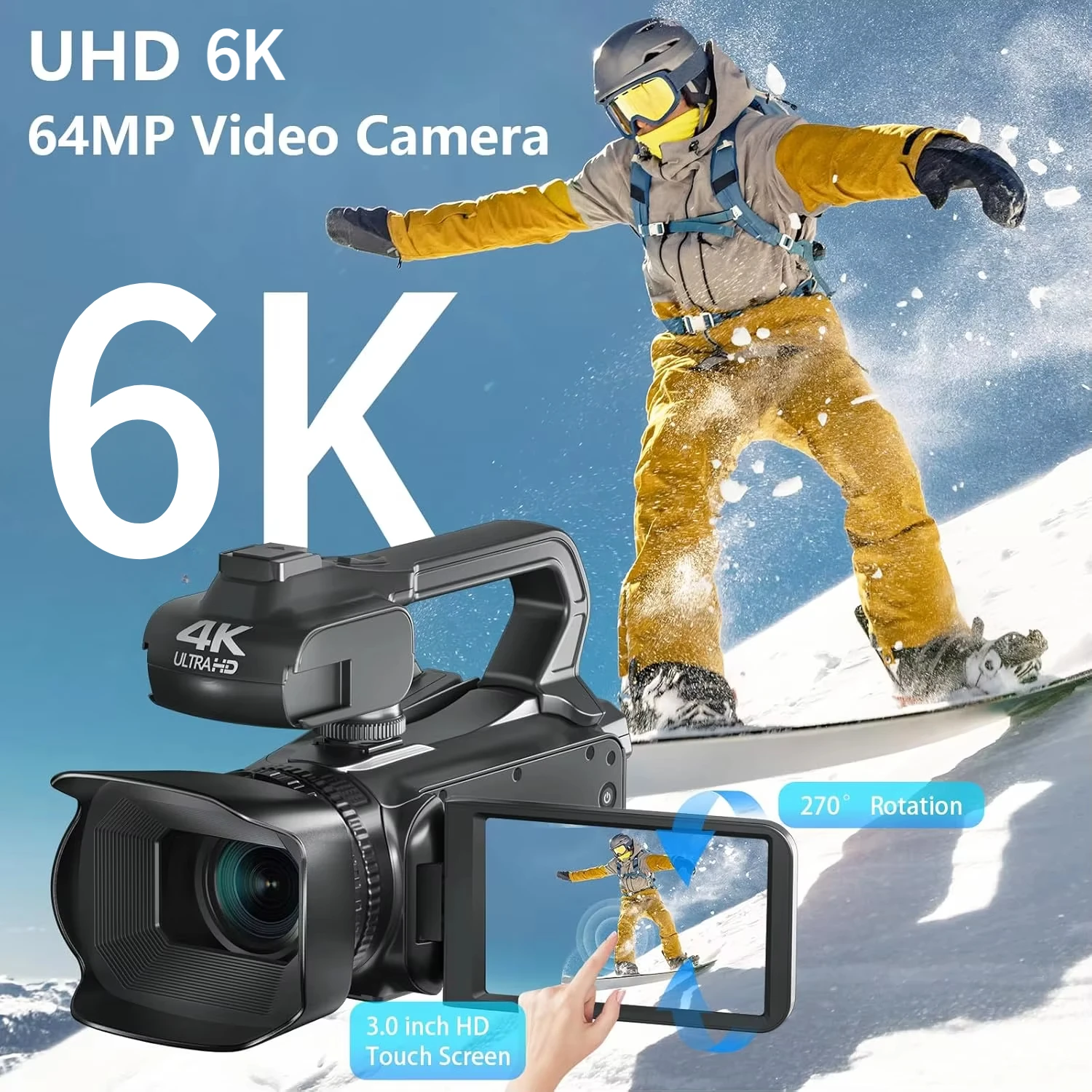 كاميرا فيديو احترافية 6K بدقة 64 ميجابكسل كاميرا فيديو يوتيوب 4 بوصة تعمل باللمس كاملة UHD مدونة فيديو كاميرا تدفق WIFI مسجل رقمي كاميرا ويب