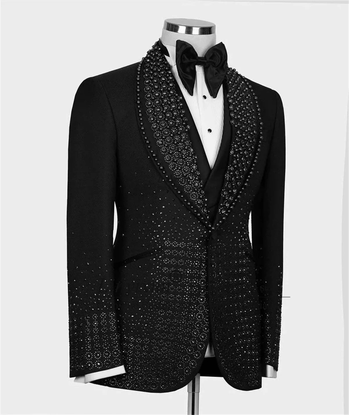 Black Crystal Embroidered Wedding Tuxedo for Men Luxury Beaded Stylish Sutis 3 Pieces Sets Male Prom Blazers Slim Costume Homme