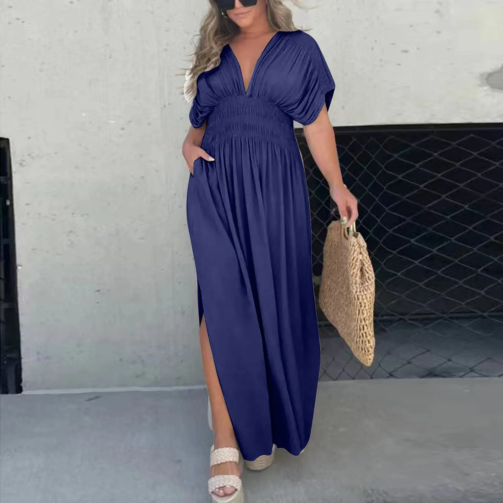 

Summer Women V Neck Maxi Dress Pleated Tunic Dresses Sexy High Split Loose Dresses New 2024 Ladies Casual Dress Vestidos