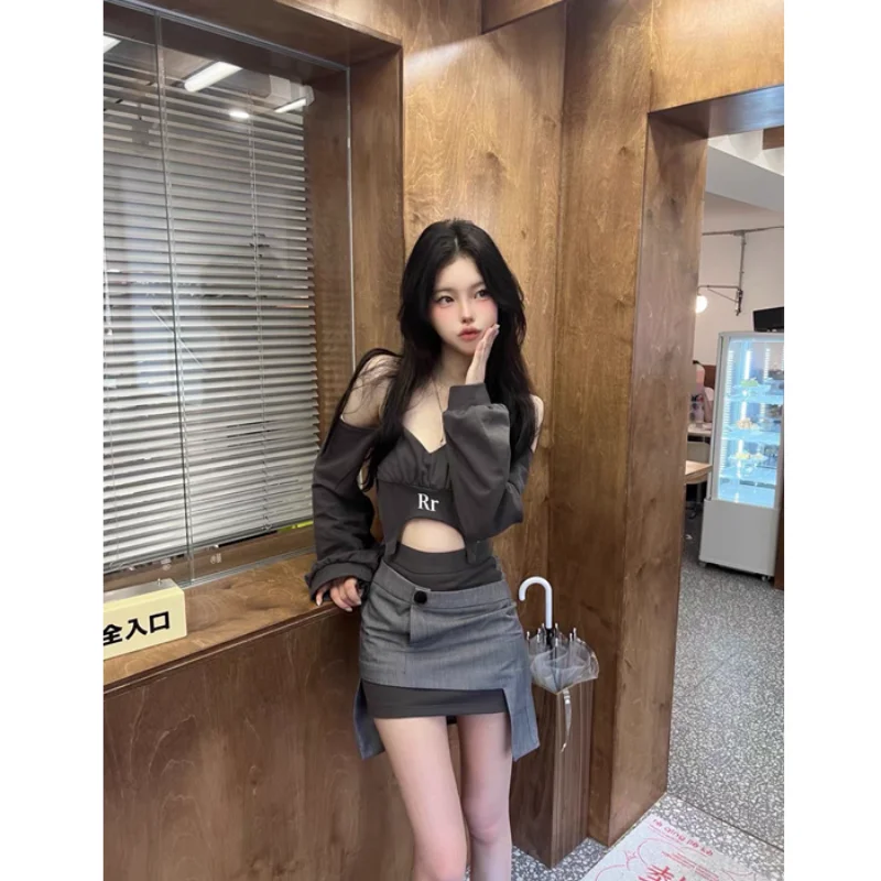 Hikigawa Chic Fashion Women Streetwear Y2k Sexy Halter Off Shoulder Crop Top+High Waist Asymmetric Mini Skirts 2 Set Mujer