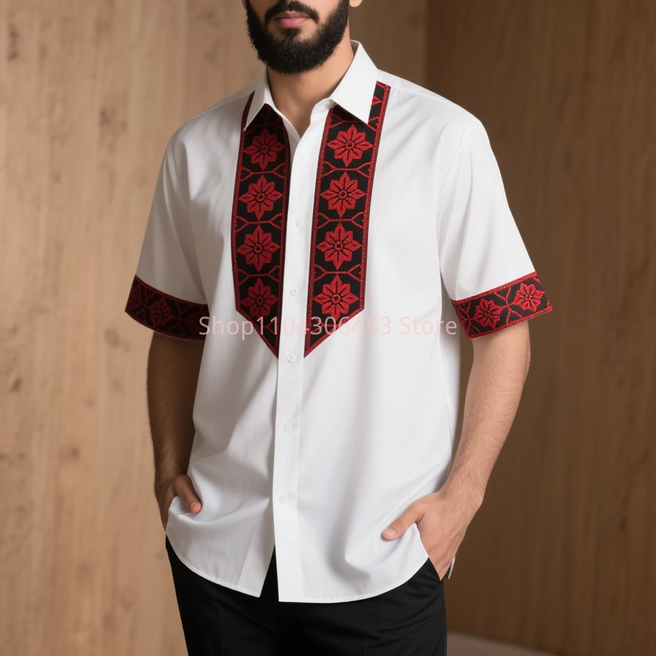 Men simple retro fashion ethnic style 3D printed short-sleeved lapel shirt light breathable light color Hawaiian beach vacation