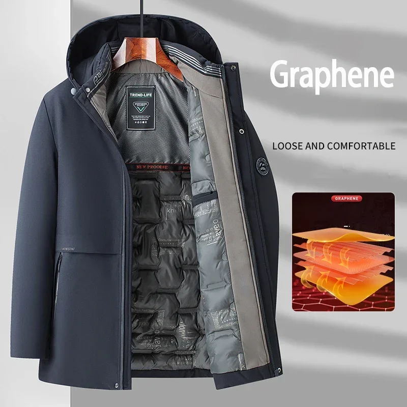 Graphene FabricMens White Jacket Warm Hooded Thick Slim Fit Puffer Jacket Coat Male Casual High Quality Overcoat Thermal Size5xl