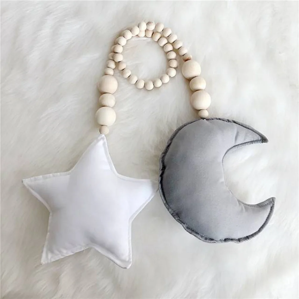 القمر ستار الخرز الخشبي شنقا ديكور الأبيض سرير قلادة زخرفة غرفة الاطفال الحضانة الديكور استحمام الطفل