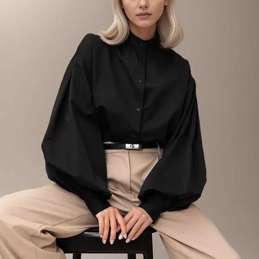 

2026 Summer Commute Office Black High Neck Lantern Sleeve Basic Women Shirt Loose Layering Inner Top