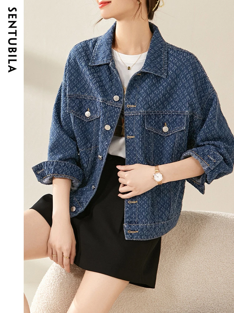 SENTUBILA Jacquard Denim Jackets Women Spring Casual Turn-down Collar Long Sleeve Coats Fashion Loose Female Outerwear W31W45765