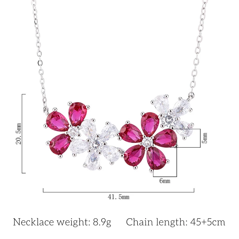 Ruby Water Droplet High Carbon Diamond Red Flower Pendant Necklace Women Jewelry Dance Party Dress Accessory 45+5cm Extend Chain