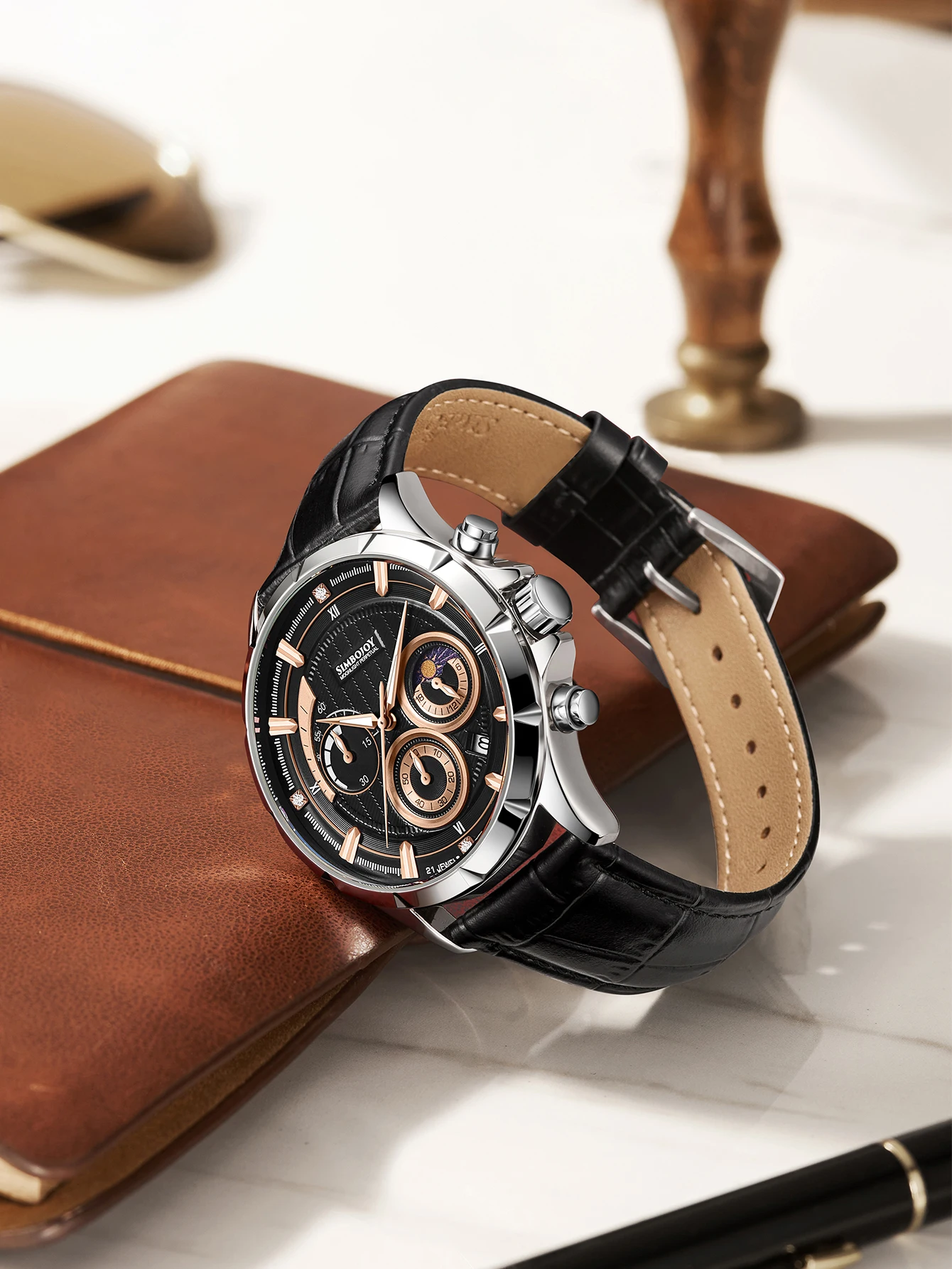 SIMBOJOY high-end design men's watch six pin chronograph calendar waterproof leather strap men's gift free gift box