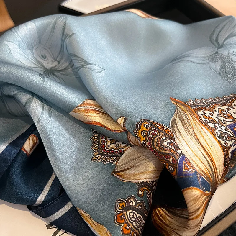 New Arrival 2024 Brand 100% Real Silk Satin Women Scarf Printed Foulard Femme Square Head Scarfs Bandana Shawl Gift For Lady