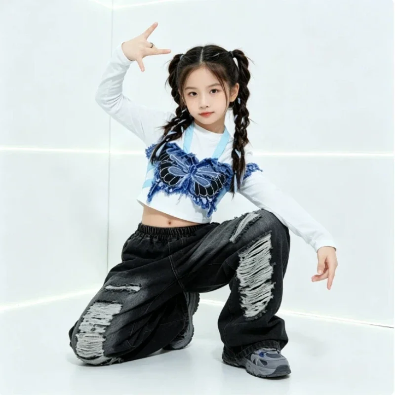 Girls Jazz Dance Outfit Kids Hip Hop Costume Set Cool Jeans Trendy Girls Catwalk Stage Performance Street Dance Wear