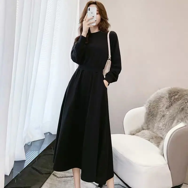 Casual Solid Elastic High Waisted Spring Summer Dress Women Long Sleeves Big Hem Dresses Ladies Basic Black White Long Sundress