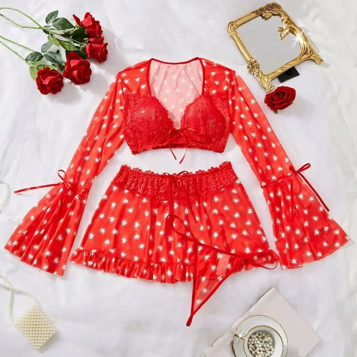 

New Sexy Lingerie Women's 3-piece Transparent Red Heart Bra Mesh Patchwork Pleated Lace Up Skirt Thong Sexy Set Sexy Lingerie