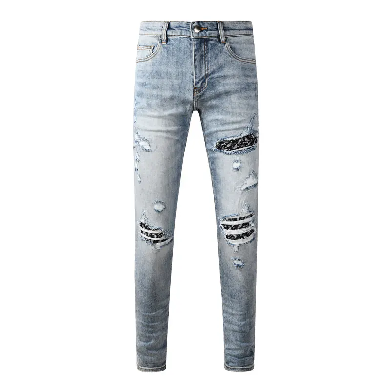 

Y2K Fashion New Men's Jeans Cashew Flower Patch Washed Nostalgic Stretch Slim Fit Retro Light Blue Jeans y2k