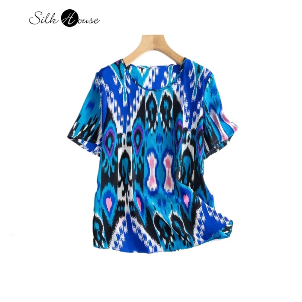 

2026 Women's Casual Spring/Summer New 100% Natural Mulberry Silk Crepe De Chine Non Fixed Printing Loose Round Neck T-shirt