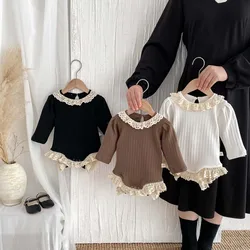 Autumn and Winter Baby Korean Style Lace Round Neck Hollow Pit Strip Long-Sleeved Boomsuit Baby Girl's Hem Lace Boomsuit