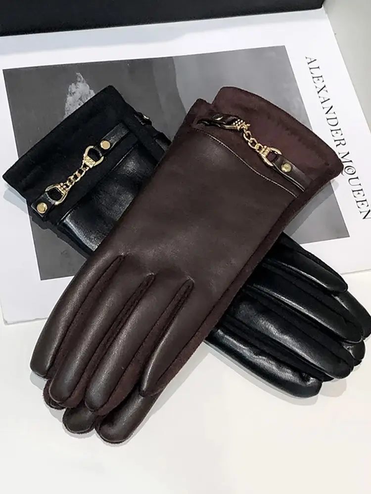 AliExpress LAOVCE Luxurious High Quality Protein Leather Fleece Lined Women's Gloves Winter Cycling Windproof Keep Warm Elegant Touchscreen Gloves