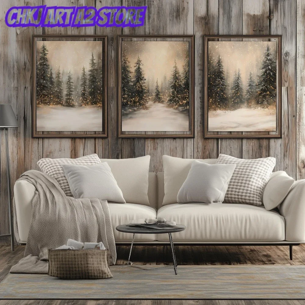 Winter Forest and Lights Wall Art SET of 3  Print Snowy Evergreen Christmas Rustic Holiday Decor Canvas Poster Prints Home Decor