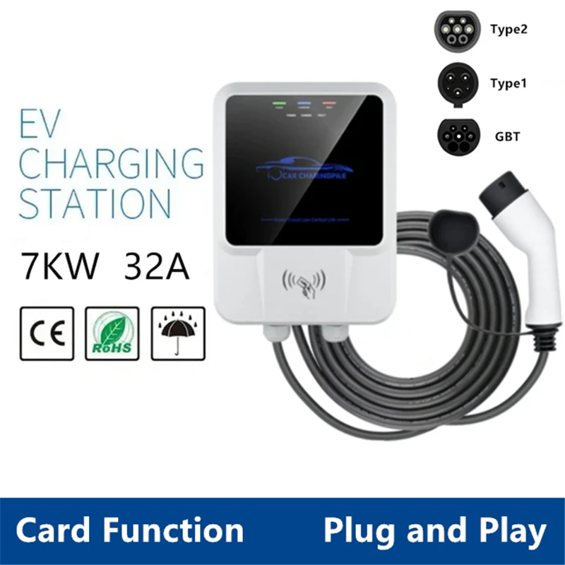 32A EVSE Wallbox 7KW 1Phase EV Chargers Type 2 Cable J1772 GBT Wallmounted Charging Station for Electric Vehicle