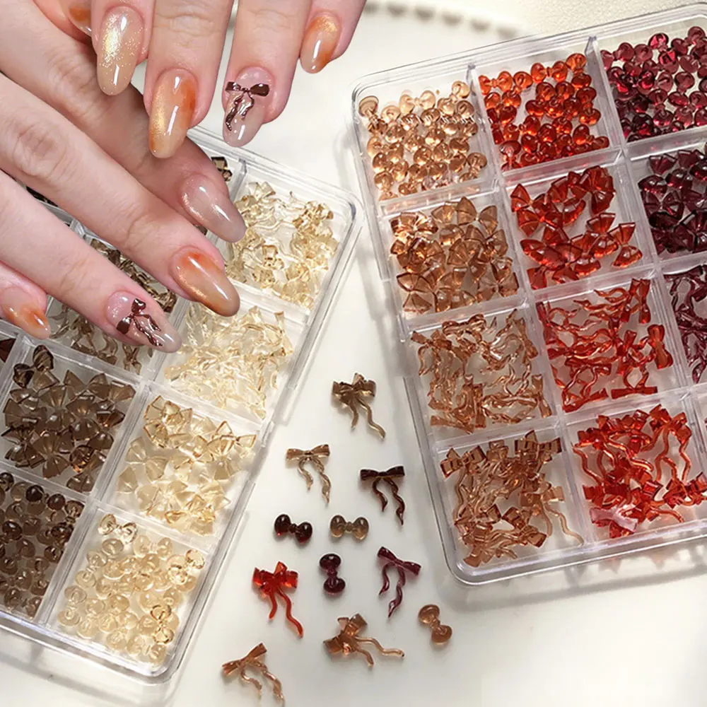 12 شبكات القهوة البني الأحمر Bowknot مسمار السحر ثلاثية الأبعاد الراتنج الخريف الشتاء القوس الصغير مسمار الأحجار الكريمة الراين فلاتباك مستلزمات الأظافر R & 43 #1