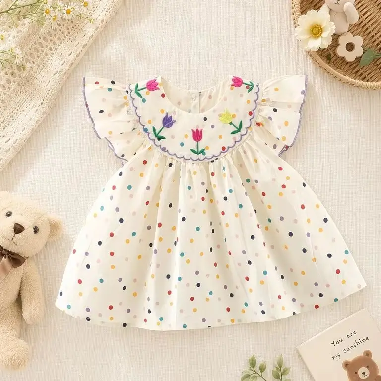 Summer New Baby Girl Dress Colorful Polka Dot Embroidered Flowers Cotton Children Clothes 0 to 3 Years Old