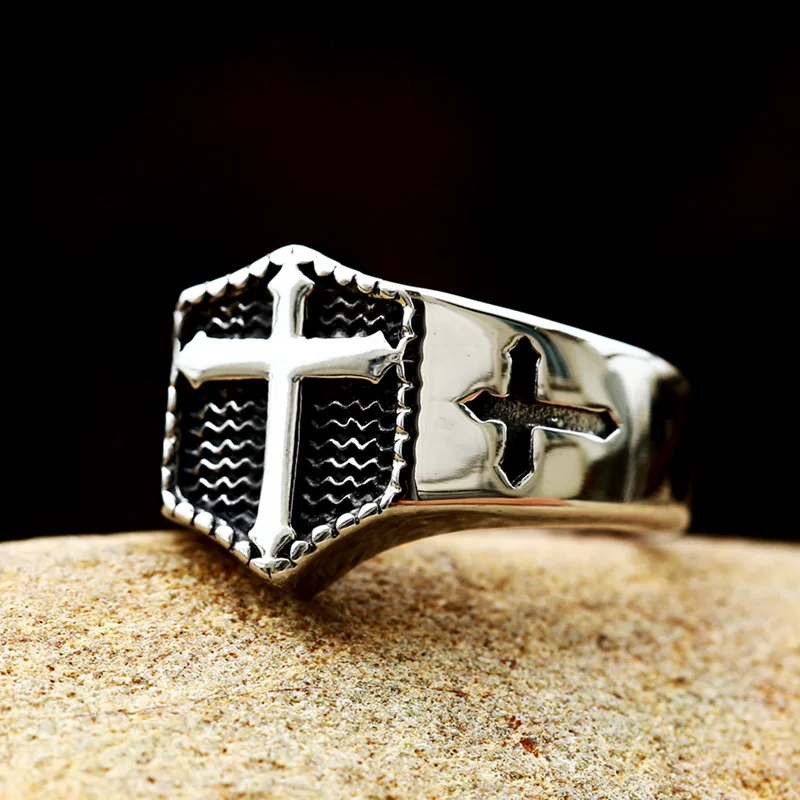 BEIER 2024 New Arrival 316L Stainless Steel Catholic Cross Christian Religious Jesus Ring For Men High Polished Jewelry Gift