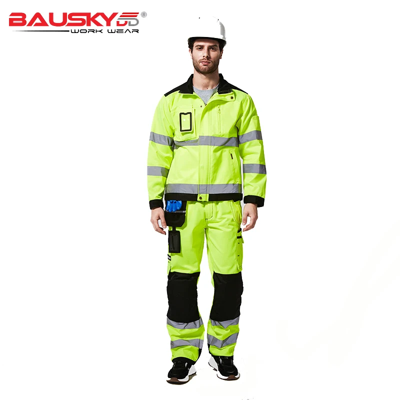 Men Reflective Hi Vis Workwear Set Coat Pants Yellow Outdoor Warning Work Clothes Reflective Jacket Pants Hi Vis Suit