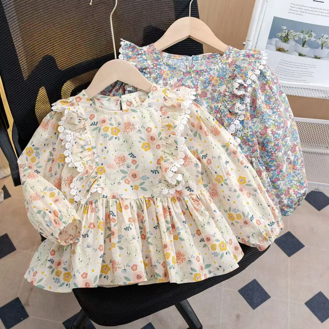 

Kids Girls' Floral Shirt Spring and Summer 2026 New Style Children's Western-style Long sleeved Sweet Top