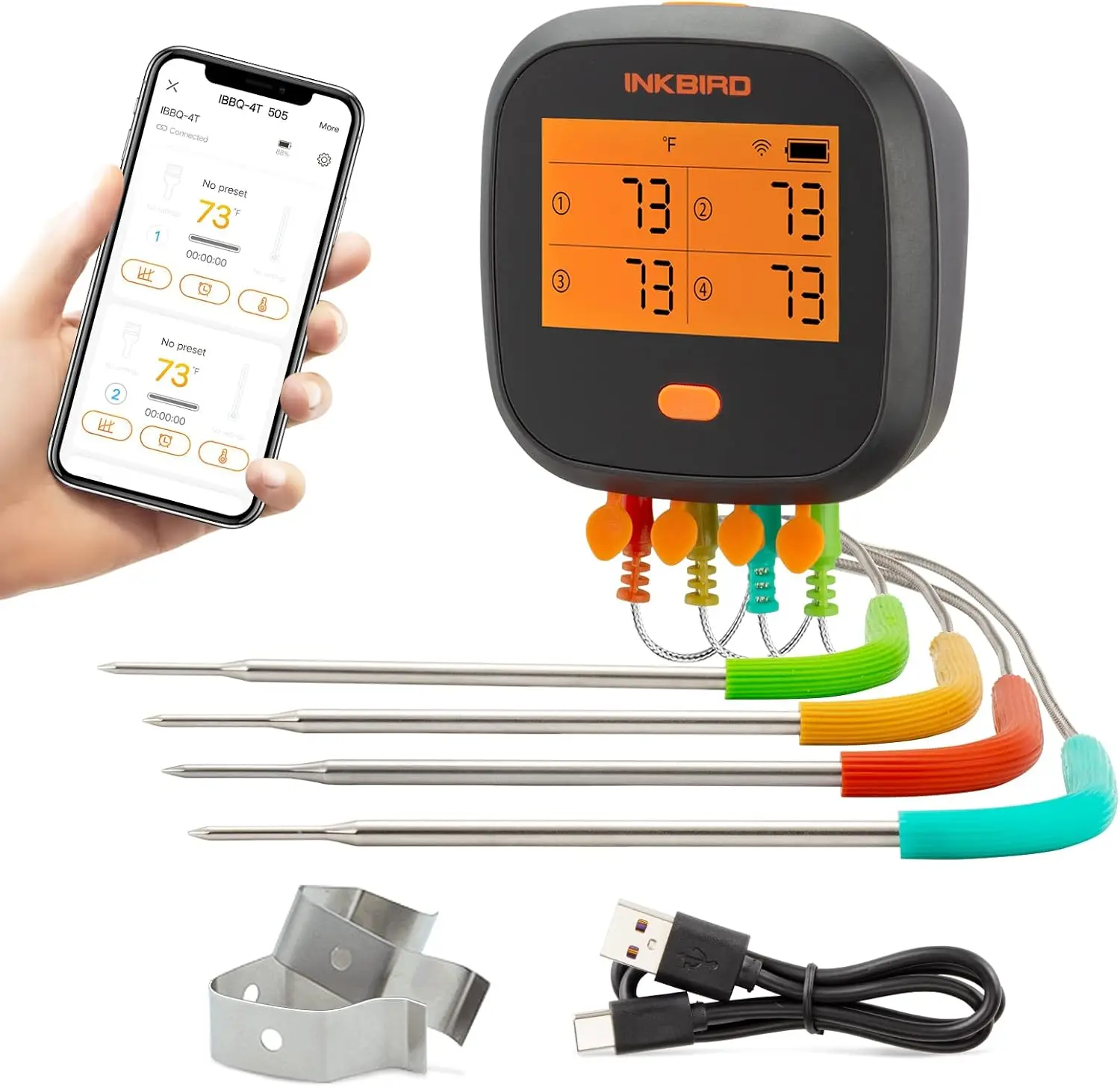 

WiFi Meat Thermometer with App Alerts, Rechargeable BBQ Thermometer, 4 Probe Temp Graph, Mobile Notifications for Grilling